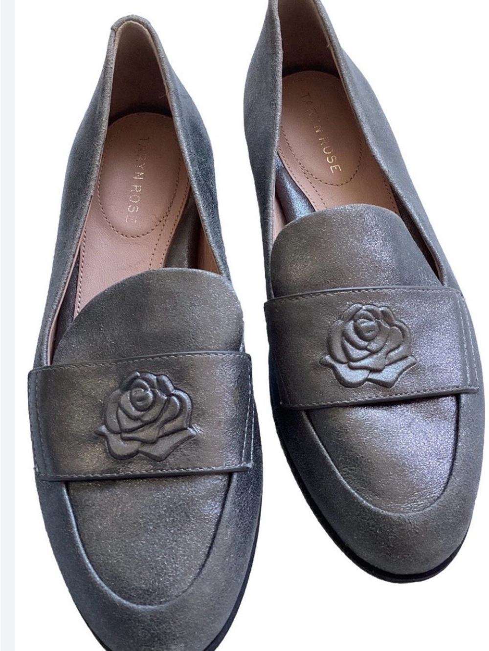 Taryn Rose Metallic Gray Leather Floral-Embellished Loafers
